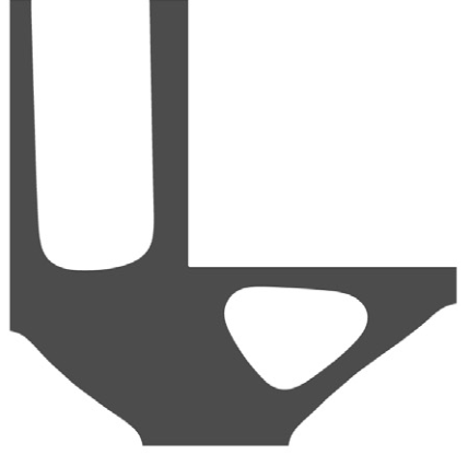 Numerical design without a failure constraint, showing a sharp inner corner in the L-shaped bracket.